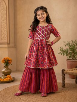 Superminis - Girls Cotton Printed Frock Style Kurta With Sharara