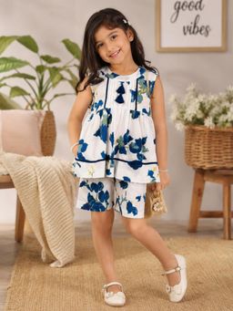 Superminis - Girls Cotton Printed Sleeveless White Co-Ord Set