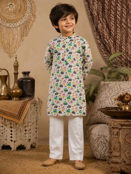 Superminis - Boys Cotton Printed Full Sleeve Green Ethnic Kurta With Pyjama
