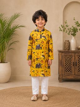 Superminis - Boys Cotton Printed Full Sleeve Yellow Ethnic Kurta With Pyjama
