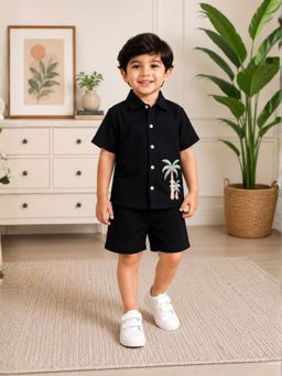 Superminis - Boys Cotton Embroidery Half sleeve Black Co-Ord Set