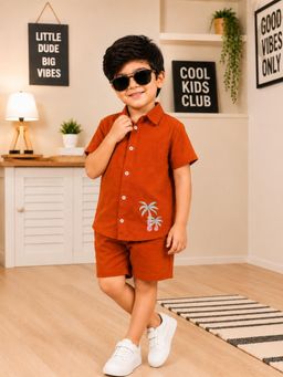 Superminis - Boys Cotton Embroidery Half sleeve Orange Co-Ord Set