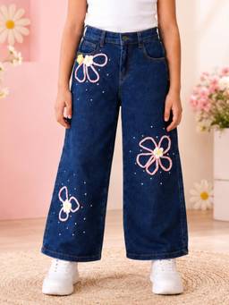 KiddoPanti - Girls Denim Dark Blue Baggy Fit Wide Leg Denim Jeans