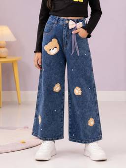 KiddoPanti - Girls Denim Blue Baggy Fit Wide Leg Denim Jeans
