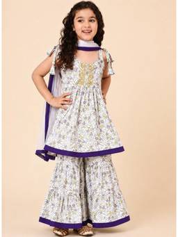 A.T.U.N. - Girls 100% Cotton Purple Kurta With Sharara & Dupatta