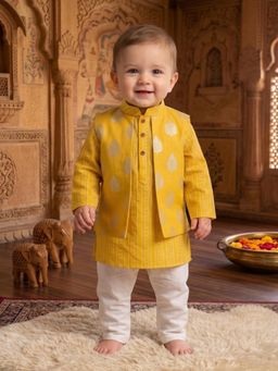 Kinder Kids - Cotton Full Sleeves Kurta With Floral Jacket & Pyjama- Yellow