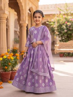 Kinder Kids - Cotton Half Sleeves Choli With Lehenga And Dupatta - Purple