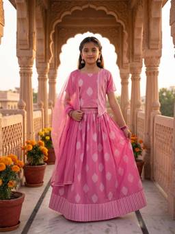 Kinder Kids - Cotton Half Sleeves Choli With Lehenga And Dupatta - Pink