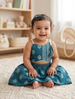 Kinder Kids - Cotton Half Sleeves Choli With Lehenga And Dupatta - Teal