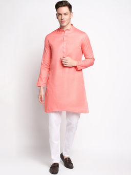 Devoiler - Men Self Design Pink Cotton Kurta