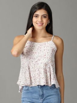 SHOWOFF - Womens Shoulder Straps White Printed Top