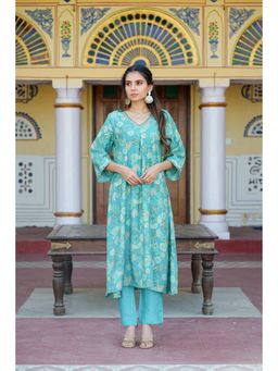 Vaasva Jaipur - Women Aqua Muslin Pleated Kurta and Pant (Set of 2)