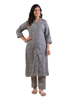 SAVI - Grey Cotton Printed Shirt Collar Kurta Pant (Set of 2)