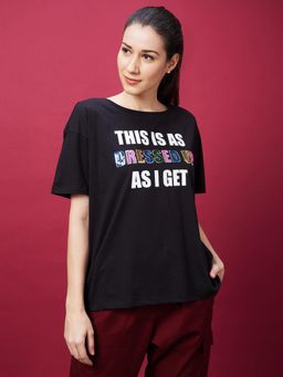 Globus - Women Black Typography Printed Drop Shoulder Sleeves Boxy T-Shirt