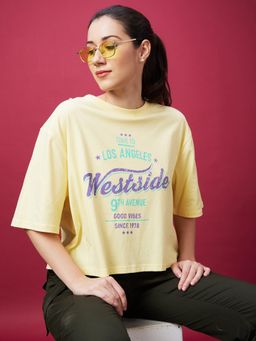 Globus - Women Yellow Typography Print Drop Shoulder Sleeves Crop Boxy T-Shirt