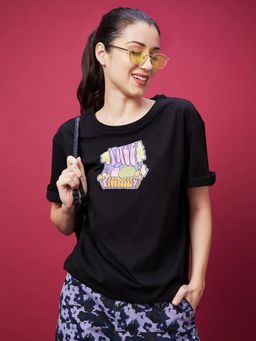 Globus - Women Black Graphic Print Drop Shoulder Sleeves Oversized T-Shirt