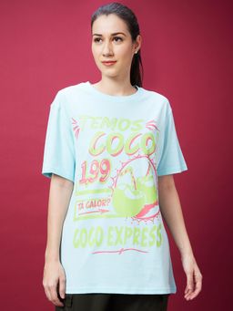 Globus - Women Light Blue Typography Print Drop Shoulder Sleeves Oversized T-Shirt