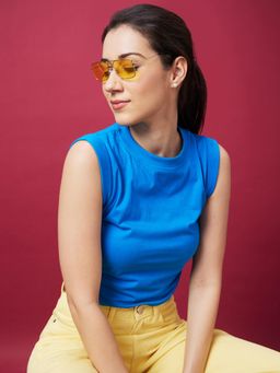 Globus - Women Blue Solid Round Neck Casual Crop Top