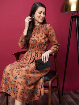 Globus - Women Brown Floral Print Ruffled Collar Smocked Midi Dress