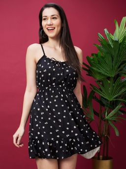 Globus - Women Black Tie-Up Neck Strappy Shoulder Floral Printed Fit & Flare Mini Dress