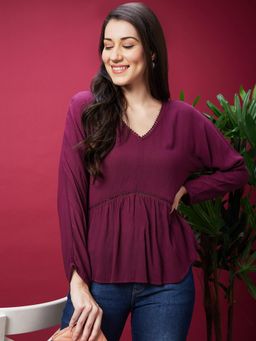 Globus - Women Purple Solid V Neck Casual Top