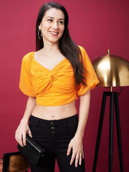 Globus - Women Orange Solid Sweetheart Neck Twisted Crop Top