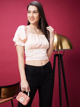 Globus - Women Baby Pink Solid Square Neck Smocked Crop Top