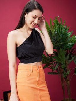 Globus - Women Black Solid One Shoulder Twisted Crop Top