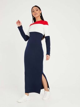 Styli - Blue Long Sleeves High Neck Colorblock Maxi Dress With Side Slit
