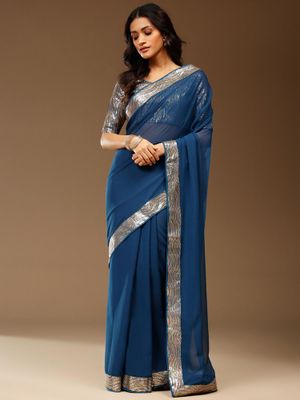 Women's Georgette Teal blue Embellished Designer Saree With Blouse Piece