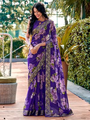 Lavender Printed Georgette Saree With Unstitched Blouse Piece