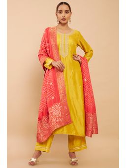 Soch - Mustard Silk Dress Material with Embroidered Designs and Contrast Dupatta (Set of 3)