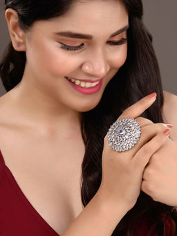 Saraf RS Jewellery - Oxidised Silver Plated White Stone Studded Cocktail Finger Ring