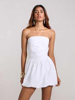 MIXT by Nykaa Fashion - White Solid Tube Neck Ruched Fit and Flare Mini Dress