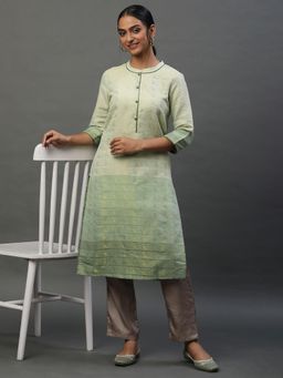 Aurelia - Green Colour Blocked Zari Dobby Kurta