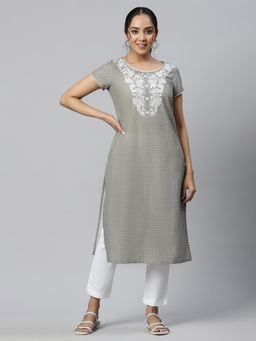 Aurelia - Grey Embroidered Round Neck Ethnic Kurta