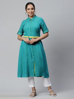 Aurelia - Green Cotton Shirt Collar Kurta