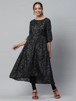 Aurelia - Black Floral Printed Kuchai Silk Kurta