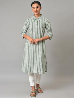 Aurelia - Green Stripe Print Shirt Collar Kurta