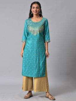 Aurelia - Green Floral Printed Round Neck Kurta