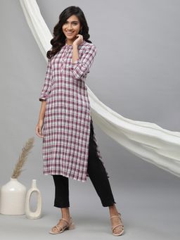 Aurelia - White and Magenta Check Printed Casual Kurta