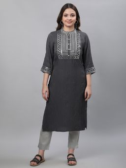 Aurelia - Grey Embellished Lurex Stripes Kurta