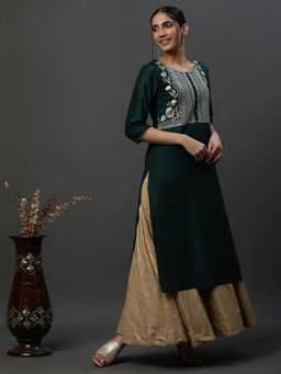 Aurelia - Dark Green Embroidered Yoke Festive Kurta