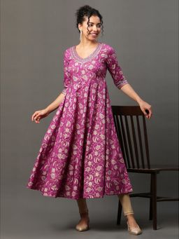 Aurelia - Purple Floral Printed Embroidered A-Line Kurta