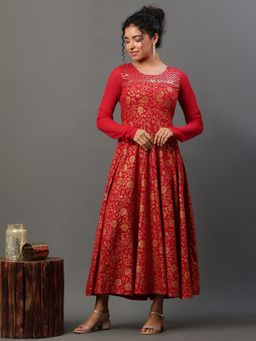 Aurelia - Red Floral Printed Anarkali Festive Kurta