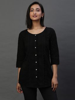 Aurelia - Black Front Pleated Schiffli Short Kurti