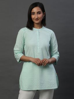 Aurelia - Sky Blue Lace Inserted Short Schiffli Kurti