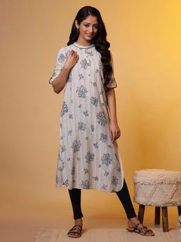 Aurelia - Beige and Blue Floral Printed Kurta