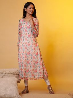 Aurelia - White A-Line Organza Kurta with Pink Floral Print