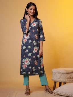 Aurelia - Blue Floral Printed Straight Kurta